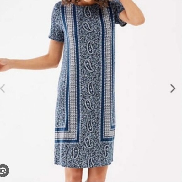 J. Jill Knit Border Print Boho Paisley Blue Shift Rayon Short Sleeve Dress Sz LP - Picture 1 of 6